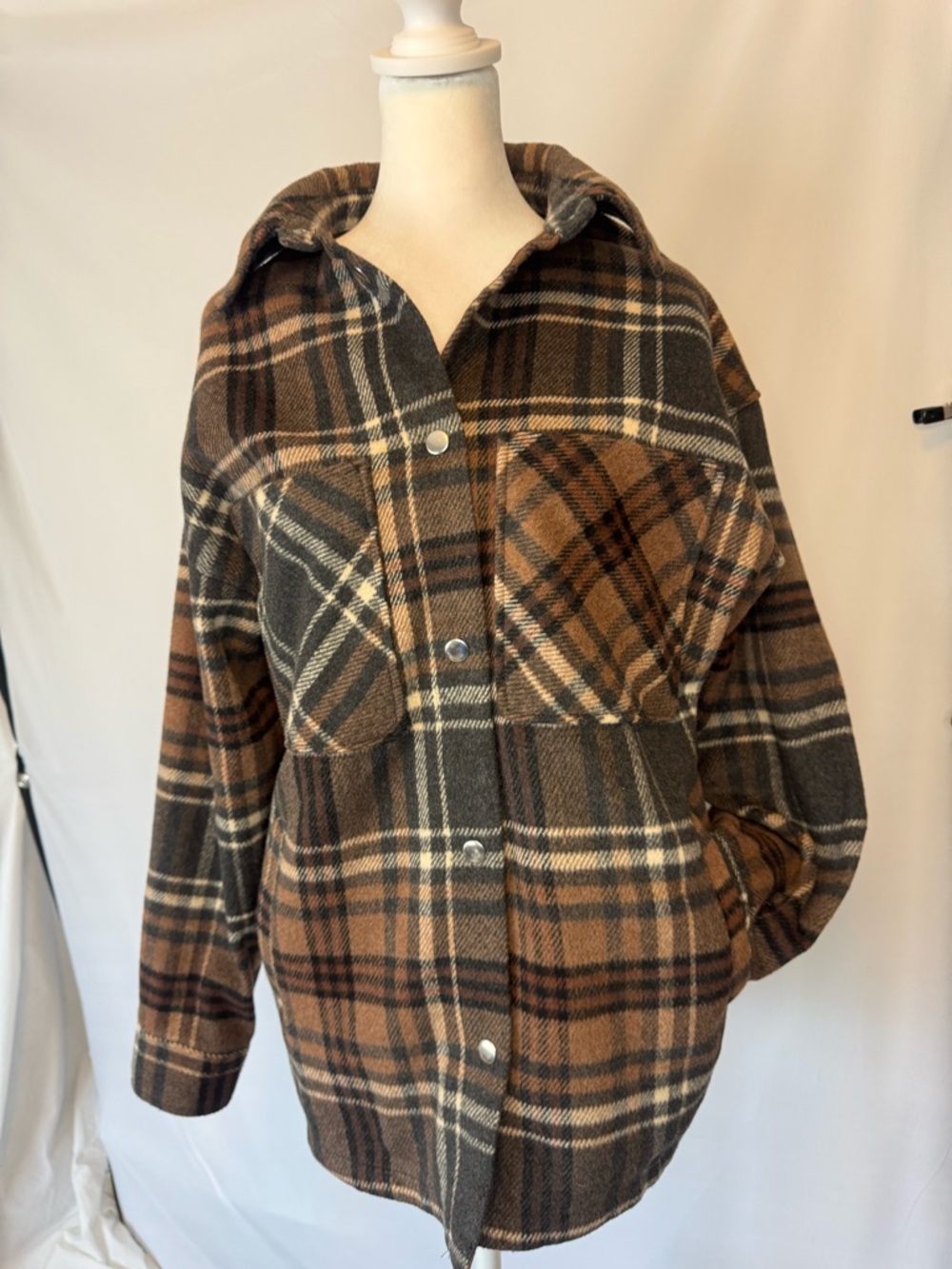 H&M Plaid Hooded Utility Jacket in Brown and Black, Can Be Used As Oversized Top
